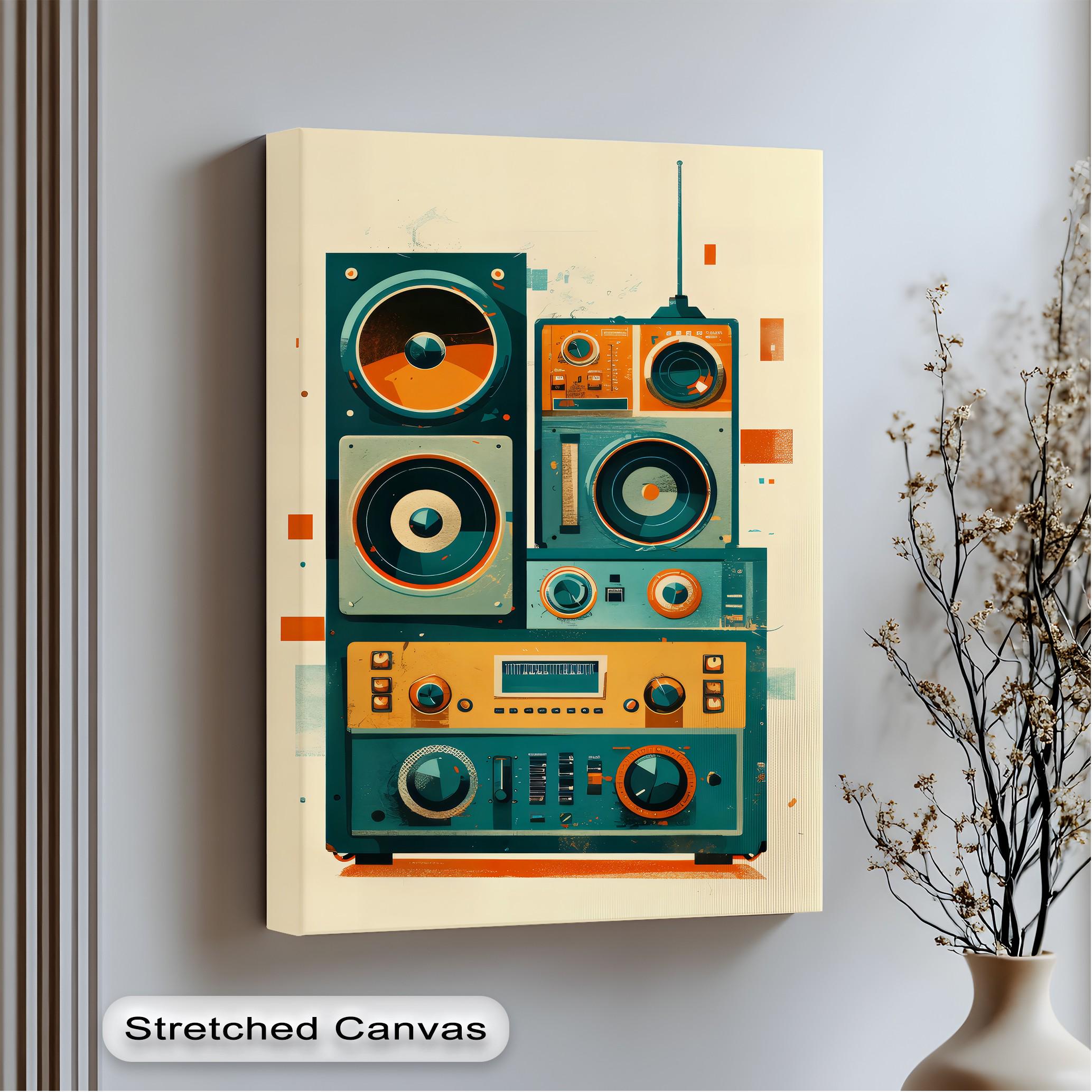 Retro Stereo System Canvas Art: Colorful Music Room Decor, Black