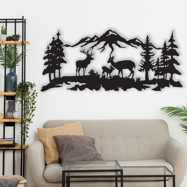 Metal Wall Art Deer Familyart,Large Metal Wall Art,Tree Mountain Forest Wall Decor,WallHanging,Gift For Her,First Home Gift,Housewarming