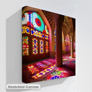May include: A stretched canvas print of a colorful interior scene. The image features stained glass windows, wooden doors, and ornate columns. The text "Stretched Canvas" is visible at the bottom.