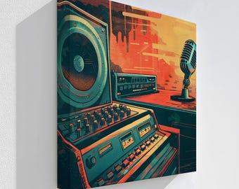 May include: A stretched canvas art print featuring a retro recording studio scene. The artwork showcases a large speaker, mixing console, microphone, and other audio equipment in teal, orange, and brown tones. The text "Stretched Canvas" is at the bottom.