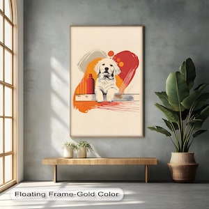 Puppy Pop Art Canvas or Poster, Cute Dog Wall Art in Red & Orange, Modern Pet Illustration for Living Room or Kids Room Decor,Canvas art