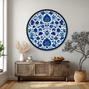 Blue Turkish Tile Round Canvas Art, Ottoman Floral Ceramic Style Canvas Print