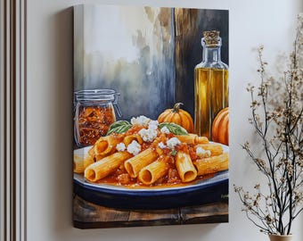 Rustic Pasta Canvas Art: Italian Kitchen Decor with Pumpkin & Olive Oil