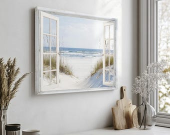 Beach Window View Canvas Print: Coastal Ocean Scene, Floating Frame