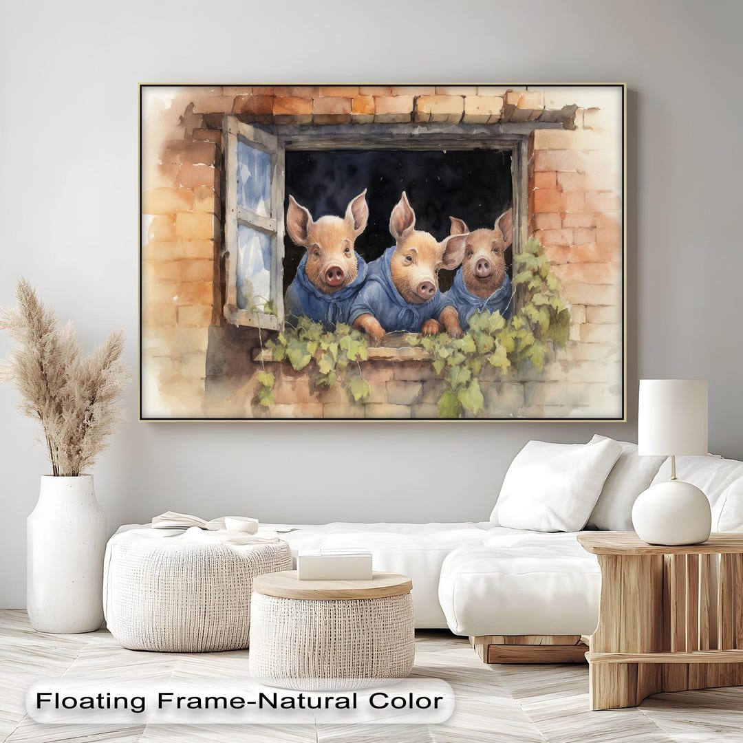 Three Little Pigs Canvas Art: Farmhouse Piglets in Window, Anthracite ...