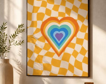 Retro Heart Canvas Wall Art, Framed or Stretched Print, Wavy Checkerboard Design, Large Vertical Abstract Decor