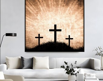 Three Crosses Sunrise Wall Art: Gold Framed Christian Decor