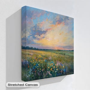 Sunset Wildflower Meadow Wall Art, Vibrant Landscape Canvas in Natural Frame, Serene Field Painting for Living Room Decor,Canvas Wall Art