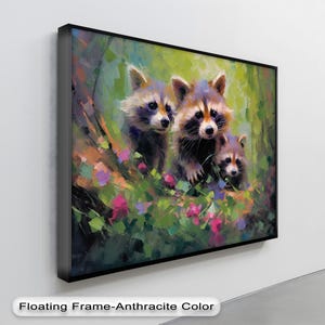 Cute Raccoon Family Wall Art, Colorful Canvas Print of Baby Raccoons in Nature, Playful Animal Decor for Kids’ Room or Living Room