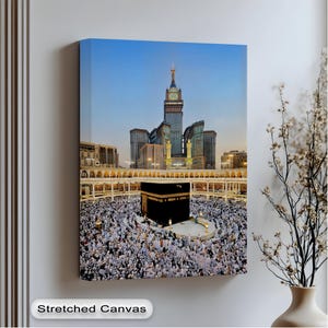 Arte de parede da Caaba Meca com moldura prateada, impressão em tela de peregrinação do Hajj, decoração islâmica para salas de oração e casas muçulmanas, arte de parede em tela