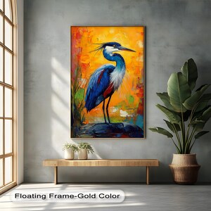 Airone colorato da parete – Stampa su tela di uccello astratto con sfondo arancione, decorazione verticale con animali selvatici per case ispirate alla natura, stampa su tela da parete