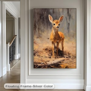 Quadro su tela con cervo – Stampa verticale di animali selvatici della foresta con cornice bianca sospesa, decorazione rustica e per cameretta dei bambini in stile bosco, quadro su tela