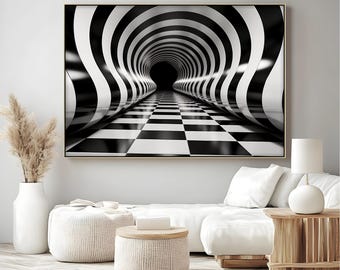 3D Optical Illusion Tunnel Art: Black & White Print, Canvas, or Framed