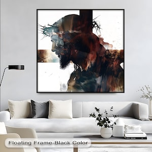 Crown of Thorns Jesus on Cross Canvas, Christian Wall Art with Watercolor Silhouette, Spiritual Gold Frame Decor for Prayer Room & Home