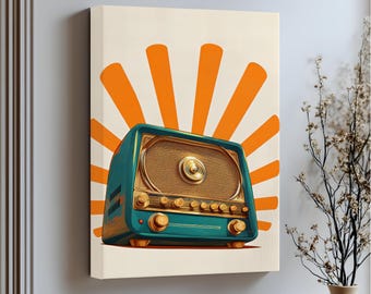 Può includere: Stampa su tela con un design radio vintage. La radio è turchese e oro, su uno sfondo crema con raggi di sole arancioni. Le parole "Stretched Canvas" sono stampate in basso.