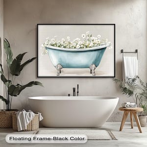 Stampa su tela con vasca da bagno floreale - Poster, tela e stampa incorniciata con vasca da bagno con piedini blu e margherite per arredo bagno rustico