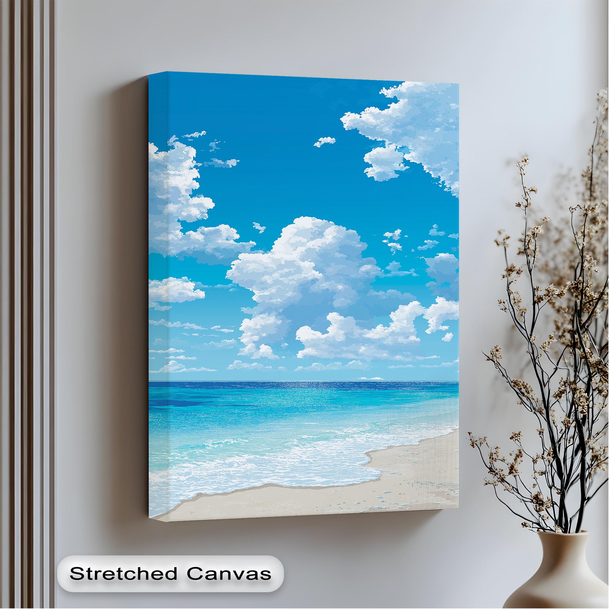 Blue Ocean Beach Canvas Art: Coastal Seascape Print in Silver