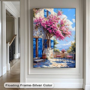 Bougainvillea Canvas Wall Art: Mediterranean Courtyard with Gold Frame