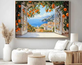 Mediterranean Orange Grove Window Canvas, Amalfi Coast Style Wall Art, Summer Scenic Print, Framed Canvas Home Decor