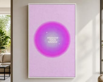 Protect Your Energy Framed Canvas Wall Art, Pink Purple Motivational Quote Print, Y2K Self Care Bedroom Dorm Room Decor
