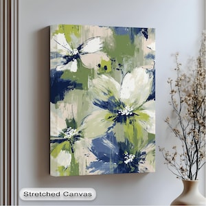 Abstract Floral Canvas Print: Green, Blue, and Gold Floating Frame