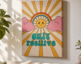 Only Positive Framed Canvas Wall Art, Retro Smiley Sun Print, Groovy Rainbow Decor, Colorful Positive Bedroom Dorm Room Art