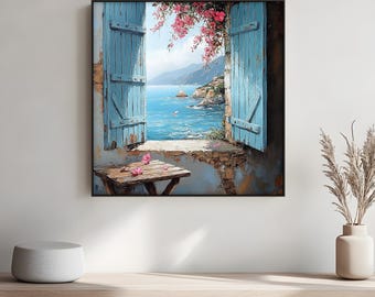 Mediterranean Seaside Canvas Art: Blue Shutters, Coastal Home