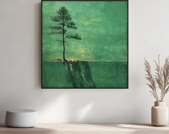 Tableau minimaliste sur toile représentant un pin : paysage vert avec cadre flottant blanc