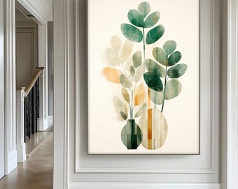 Botanische muurkunst ingelijst in goud: modern canvas met groene bladvaas