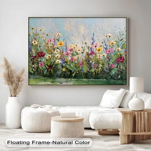 Colorful Wildflower Garden Canvas Wall Art, Vibrant Meadow in Bloom with Natural Floating Frame, Cheerful Nature Artwork for Home
