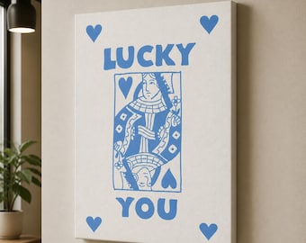 Lucky You Framed Canvas Wall Art, Blue Playing Card Print, Retro Heart Decor for Bedroom Living Room Game Room