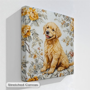 Floral Puppy Canvas Print: Golden Retriever with Natural Floating Frame