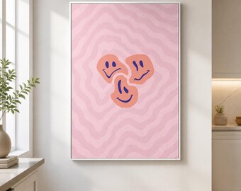 Orange Smiley Face Framed Canvas Wall Art, Pink Wavy Retro Print, Groovy Dopamine Decor for Bedroom Dorm Room