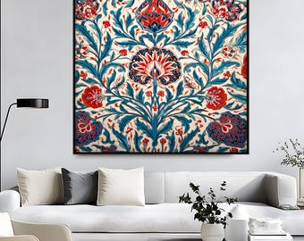 Iznik Floral Canvas Wall Art: Ottoman Tile Design with Anthracite Framed artwork