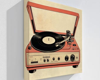 Impression sur toile tourne-disque rétro : oeuvre d'art murale vintage pour platine vinyle avec cadre argenté