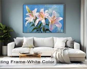 Pink Lily Canvas Wall Art: Romantic Floral Painting with Natural Wood Frame