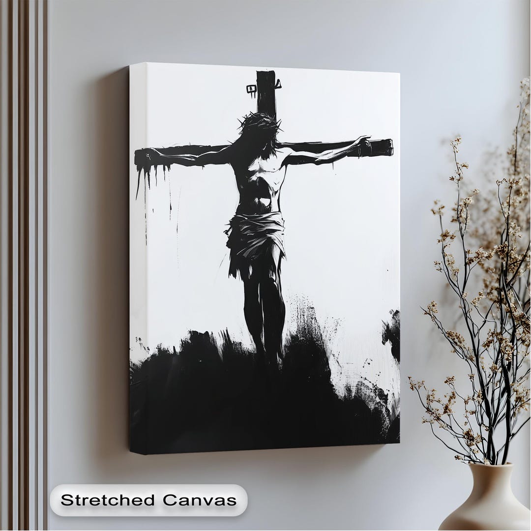 Minimalist Jesus on Cross Canvas – Black and White Christian Wall Art ...