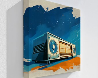 May include: A canvas print featuring a retro radio illustration. The artwork showcases a vintage radio in shades of blue, white, and orange against a dark blue and starry background. The words "Stretched Canvas" are at the bottom.