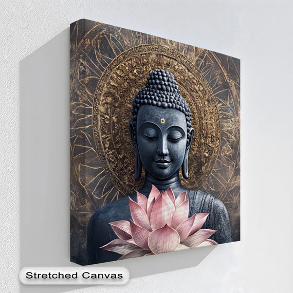 Black Buddha Canvas Wall Art: Golden Halo, Lotus Flower - Floating