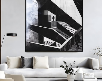 Modern Black and White Abstract Architecture Wall Art, Monochrome Staircase Poster, Canvas & Framed Print