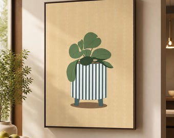 Potted Plant Framed Canvas Wall Art, Mid Century Botanical Print, Green Beige Minimalist Decor for Bedroom Living Room
