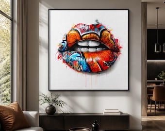 Graffiti Lips Canvas Wall Art, Colorful Urban Pop Art Print, Framed or Stretched Large Vertical Bedroom and Salon Decor