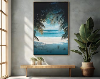 Tropical Beach Canvas Print: Palm Tree Ocean View, Coastal Home Decor