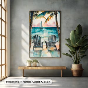 Quadro su tela con tramonto sulla spiaggia tropicale - Vista sull'oceano con sedie e palme, poster, stampa su tela incorniciata