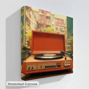 Retro Turntable Wall Art, Vintage Record Player Canvas Print with White Frame, Cozy Mid-Century Vibes for Living Room or Music Studio