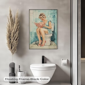 Vintage Pin-Up Bathroom Canvas Wall Art, Retro Woman Reading on Toilet Bathroom Canvas Art, Bathroom Canvas Framed, Canvas Art, Canvas Print