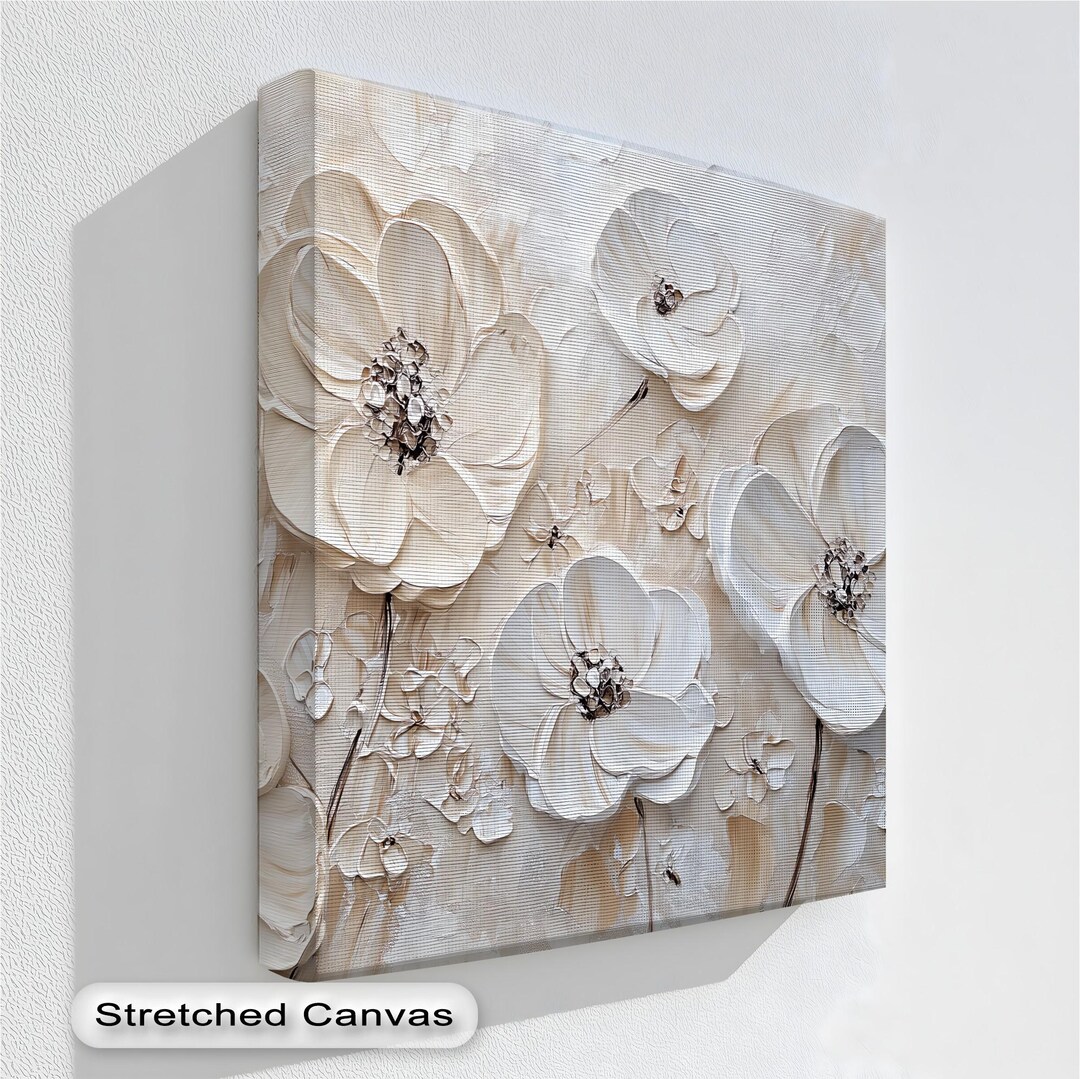 Neutral White Floral Wall Art, Stretched Canvas With Beige Texture, 3D ...