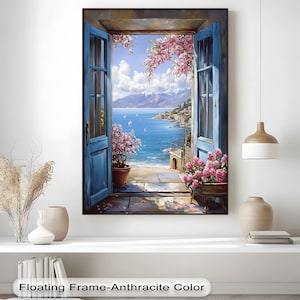 a painting of an open window with a view of the ocean