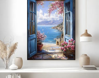 Pode incluir: Uma pintura emoldurada retrata uma porta azul aberta com vista para uma cena costeira. A obra apresenta um mar azul vibrante, veleiros brancos e uma cordilheira distante. Flores cor-de-rosa adornam a moldura da janela e os vasos, com o texto "Floating Frame-Anthracite Color" na parte inferior.