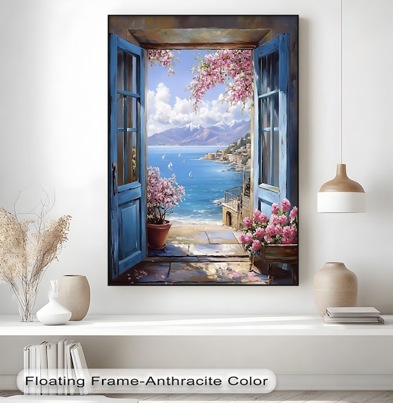 Framed Coastal Canvas Art: Mediterranean Seaside View with Flowers